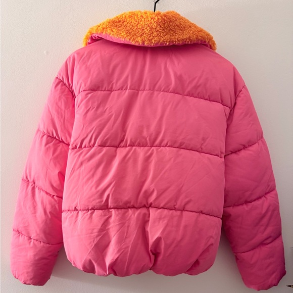 Urban Outfitters Pink Orange Duckie Faux Shearling Collar Puffer Jacket XS - Picture 3 of 7